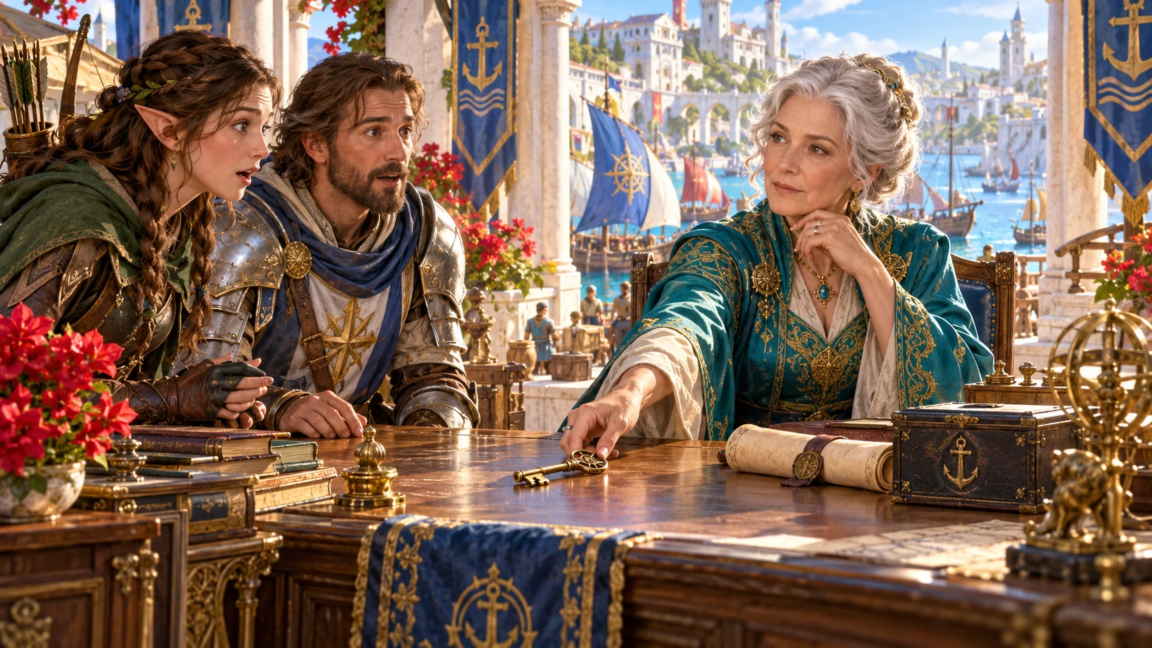 An illustrated fantasy patron slides a key toward two adventurers during a conversation overlooking a bright harbour.