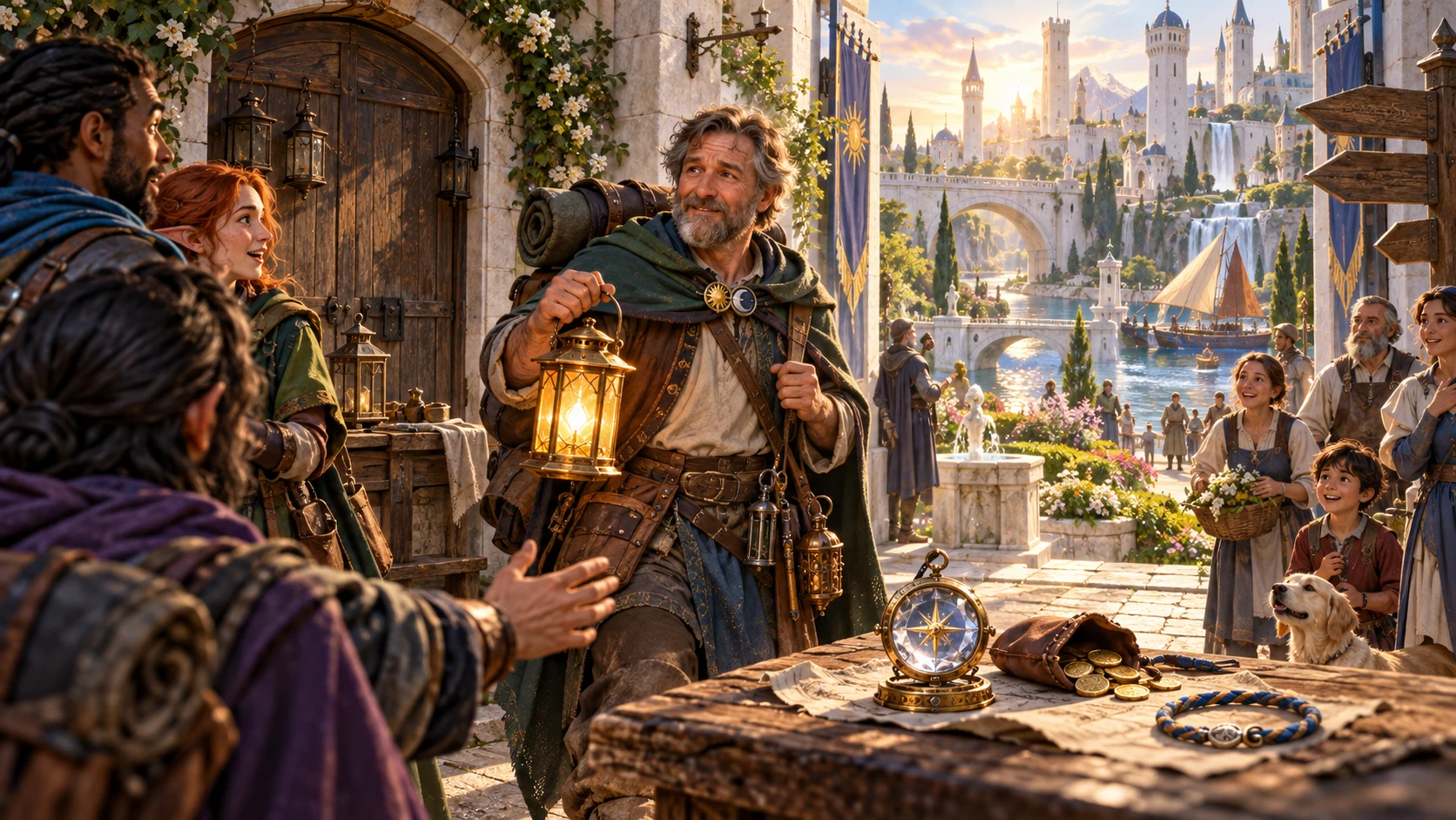 An illustrated traveller with a lantern speaks with adventurers while an open doorway and harbour suggest possible next steps.