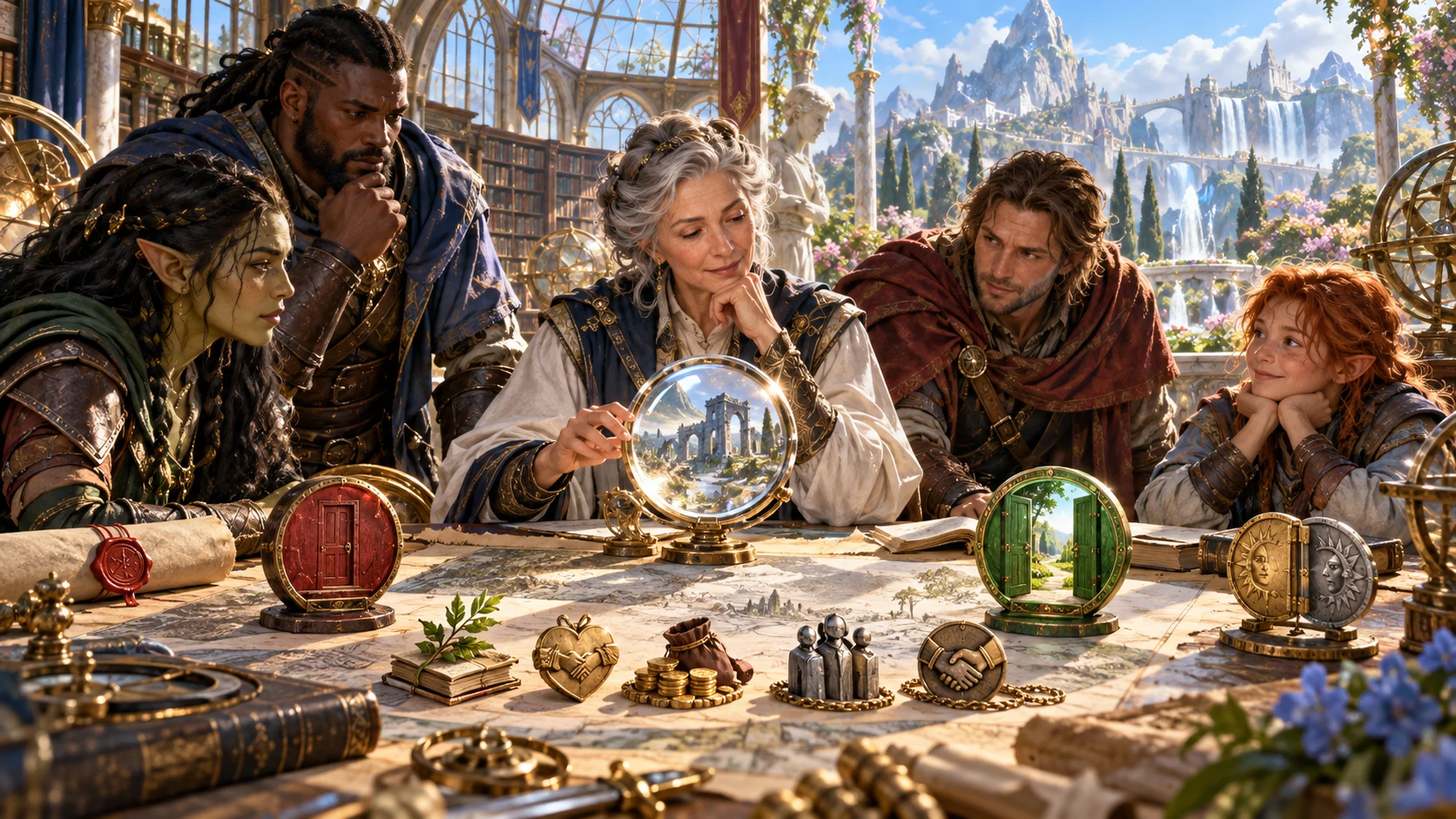 Fantasy companions consider choices around a table with maps, symbolic doors, figures and an illustrated turning point.